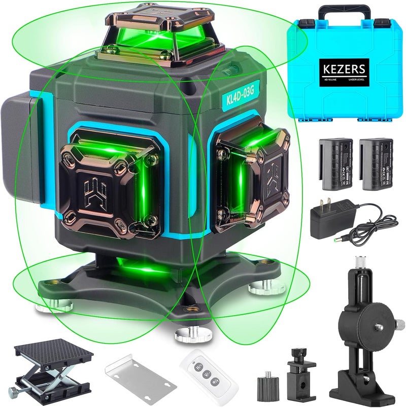 KEZERS مستوى الليزر 360 ذاتي التسوية، 4 × 360 مستوى ليزر مع شاشة أداة مستوى خط الليزر الأخضر أداة التسوية والمحاذاة مع وضع النبض للبناء وتعليق الصور، تحكم عن بعد - Image 1